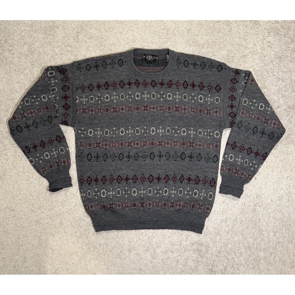 VTG Brandini‎ Sweater Mens Size M Gray 100% Merino Wool Crew Neck Pullover Italy